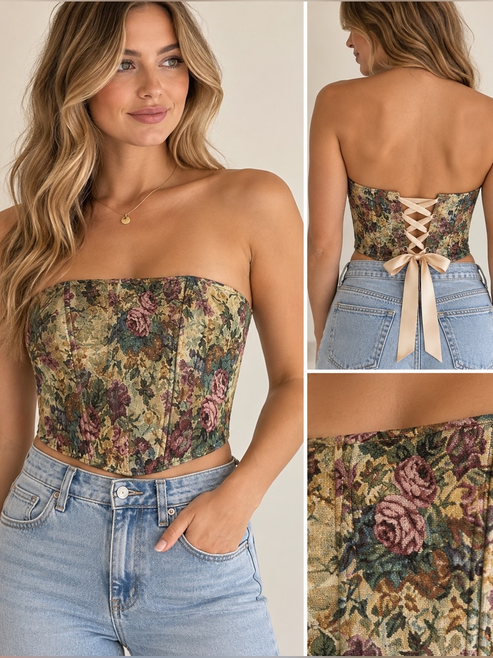 Tic Toc Floral Tapestry Corset Top Strapless Lace Up Back Pink Green Tan M